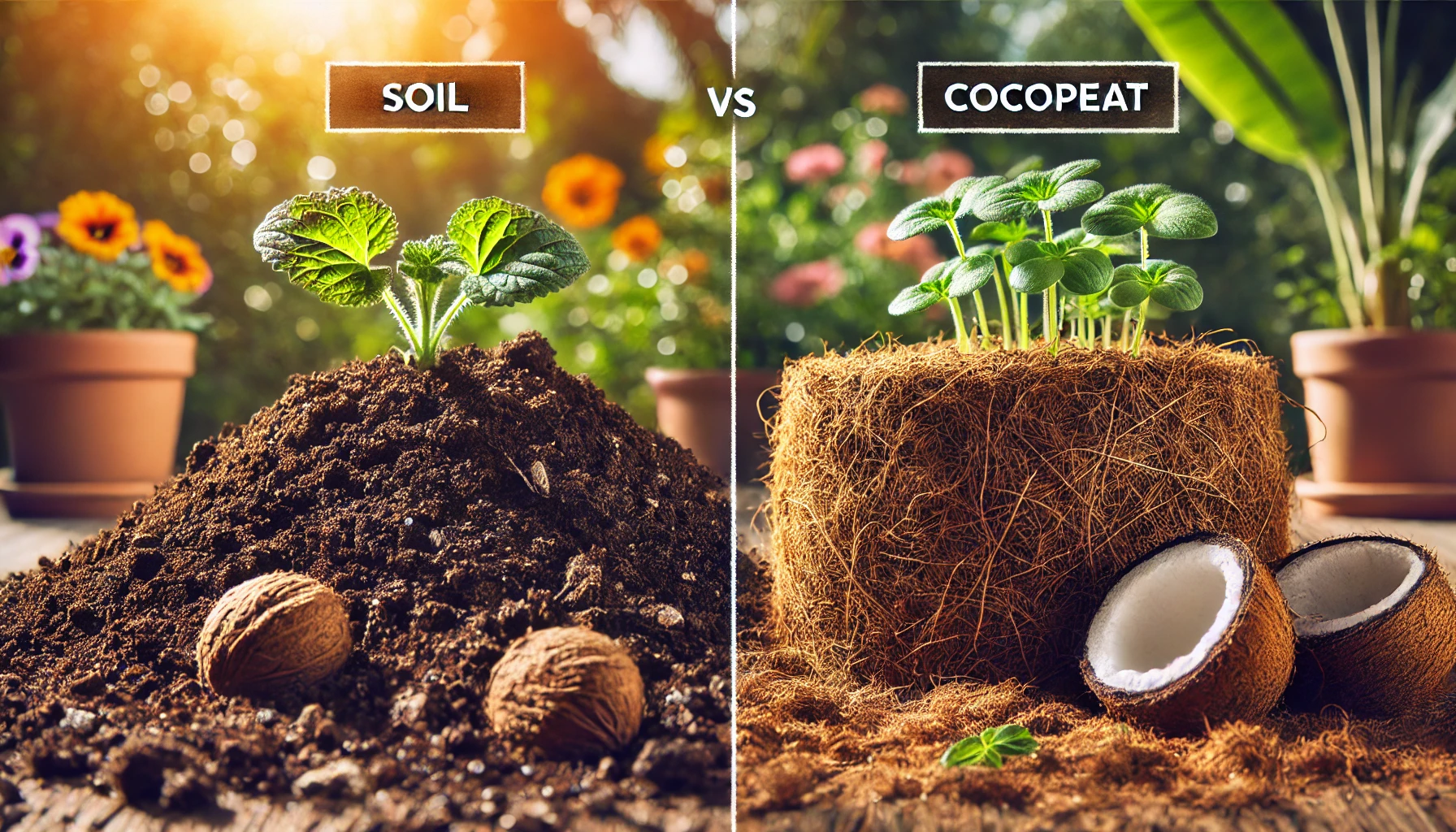 Comparison of soil and cocopeat with plants growing in both mediums.